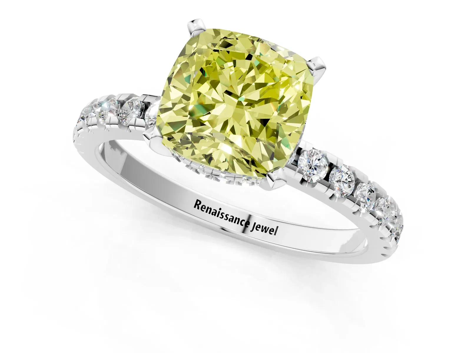 Fancy Yellow Cushion Cut Diamond Solitaire Ring with Round Pavé Band and Four-Prong Setting Platinum