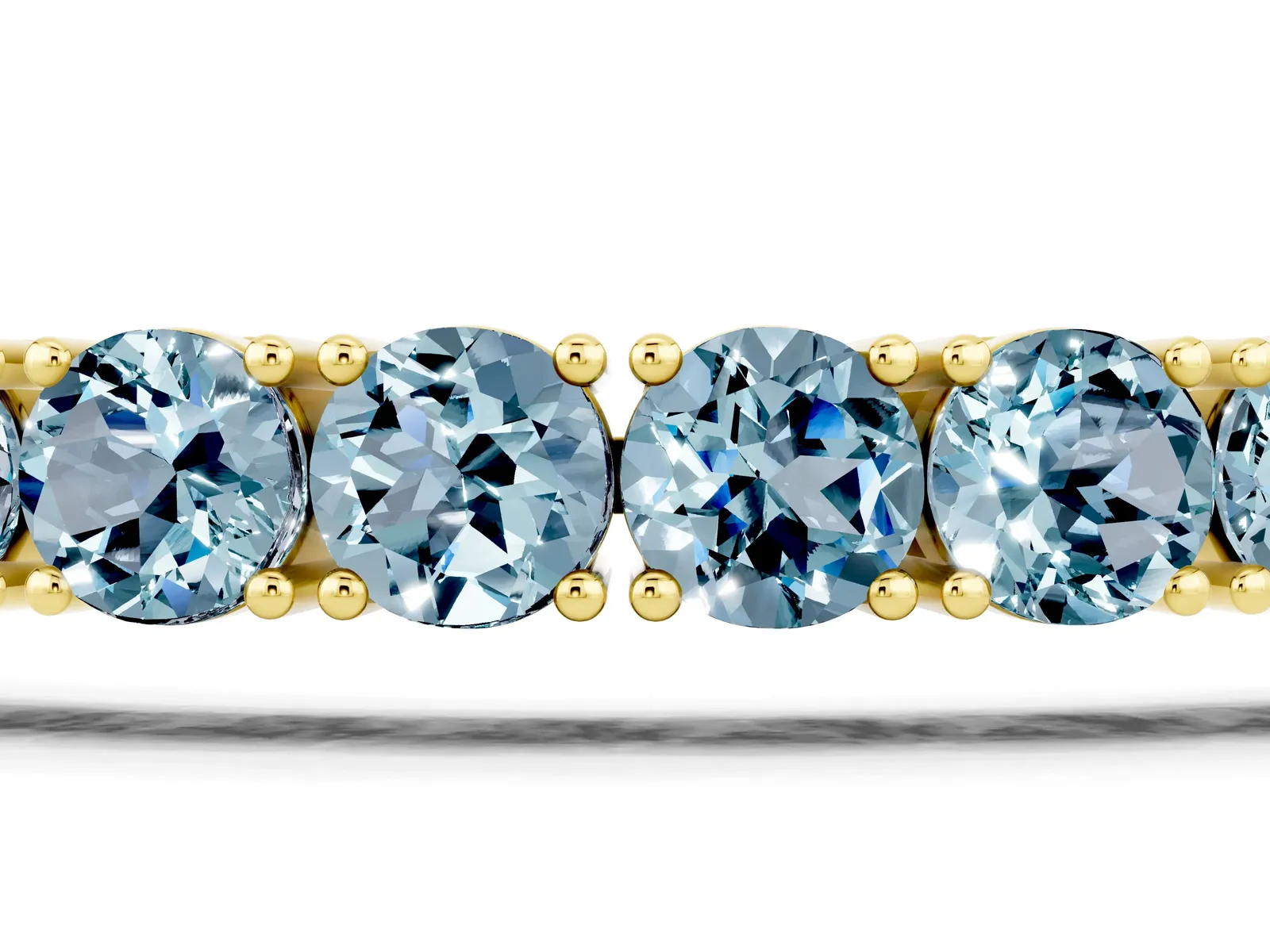 Round Brilliant Aquamarine Tennis Bracelet with Prong Setting Yellow gold