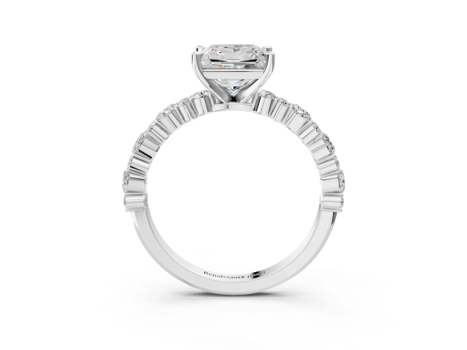 Princess Cut Diamond Side Stone Solitaire Ring with Round and Four-Prong Setting Platinum