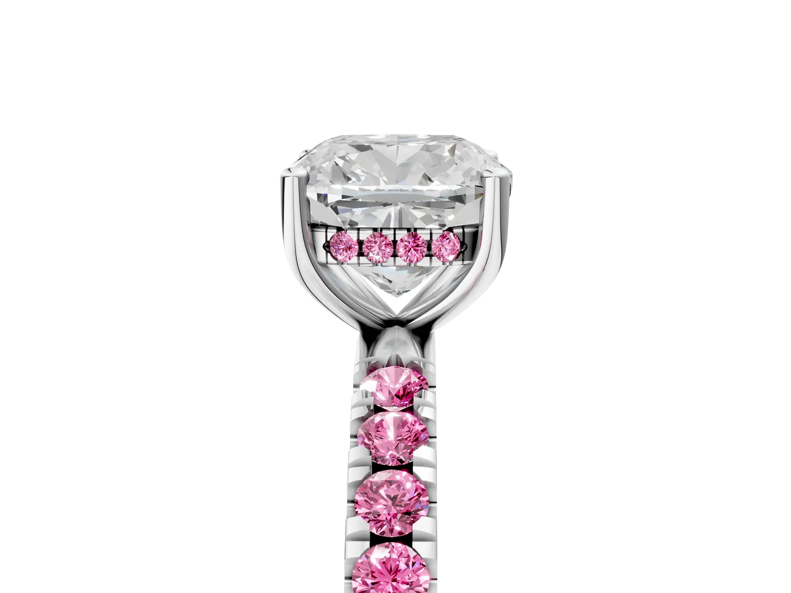 Cushion Cut Diamond Pave Band Solitaire Ring with Round Pink Sapphire and Prong Setting Platinum