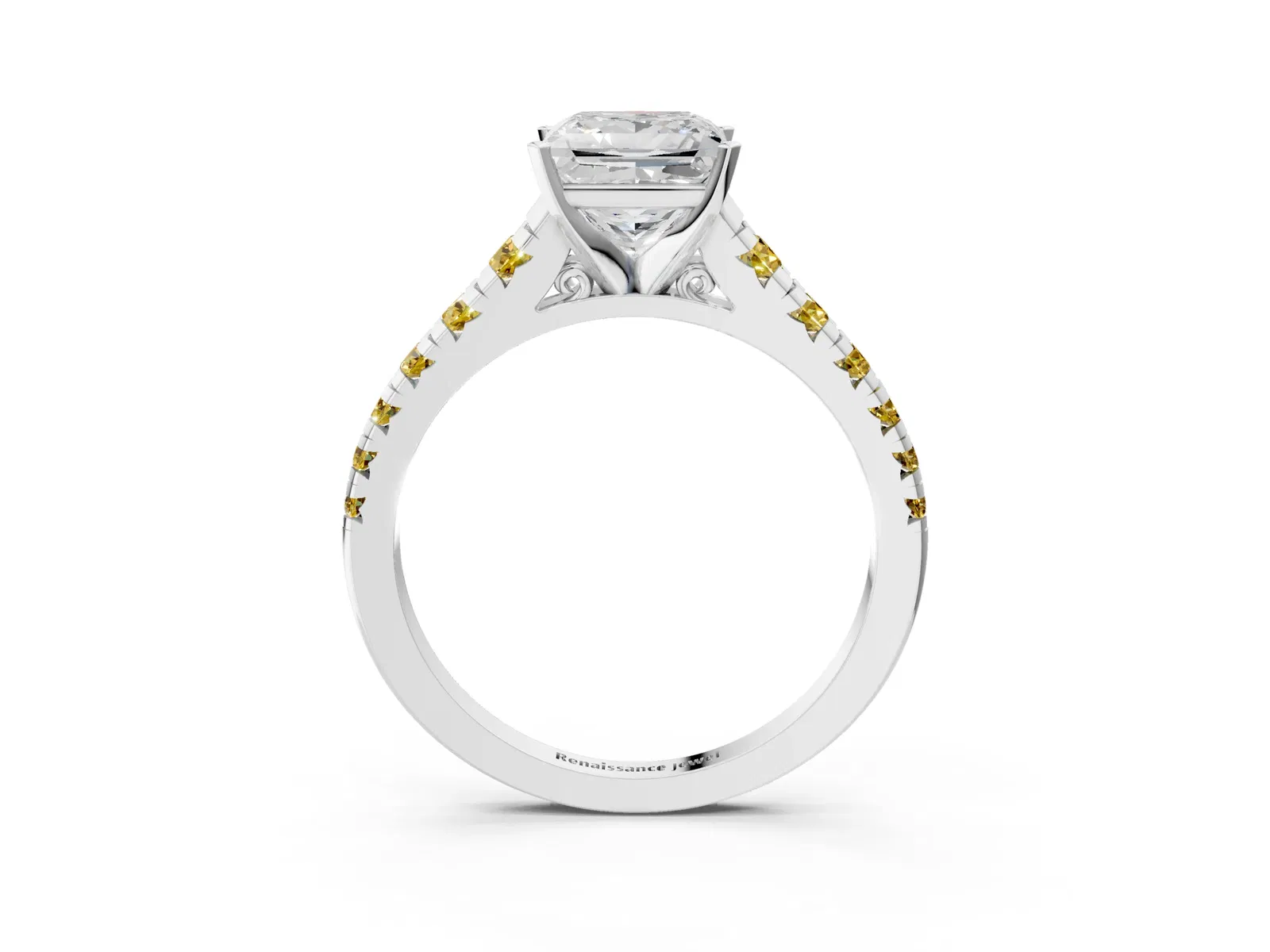 Princess Cut Diamond Cathedral Solitaire Ring with Round Yellow Sapphire Pavé Band Platinum