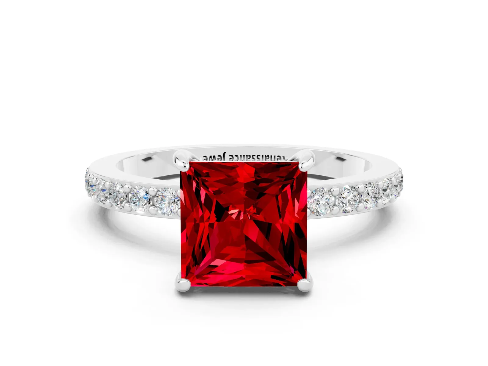 Princess Cut Ruby Solitaire Engagement Ring with Pavé Band and Four-Prong Setting Platinum