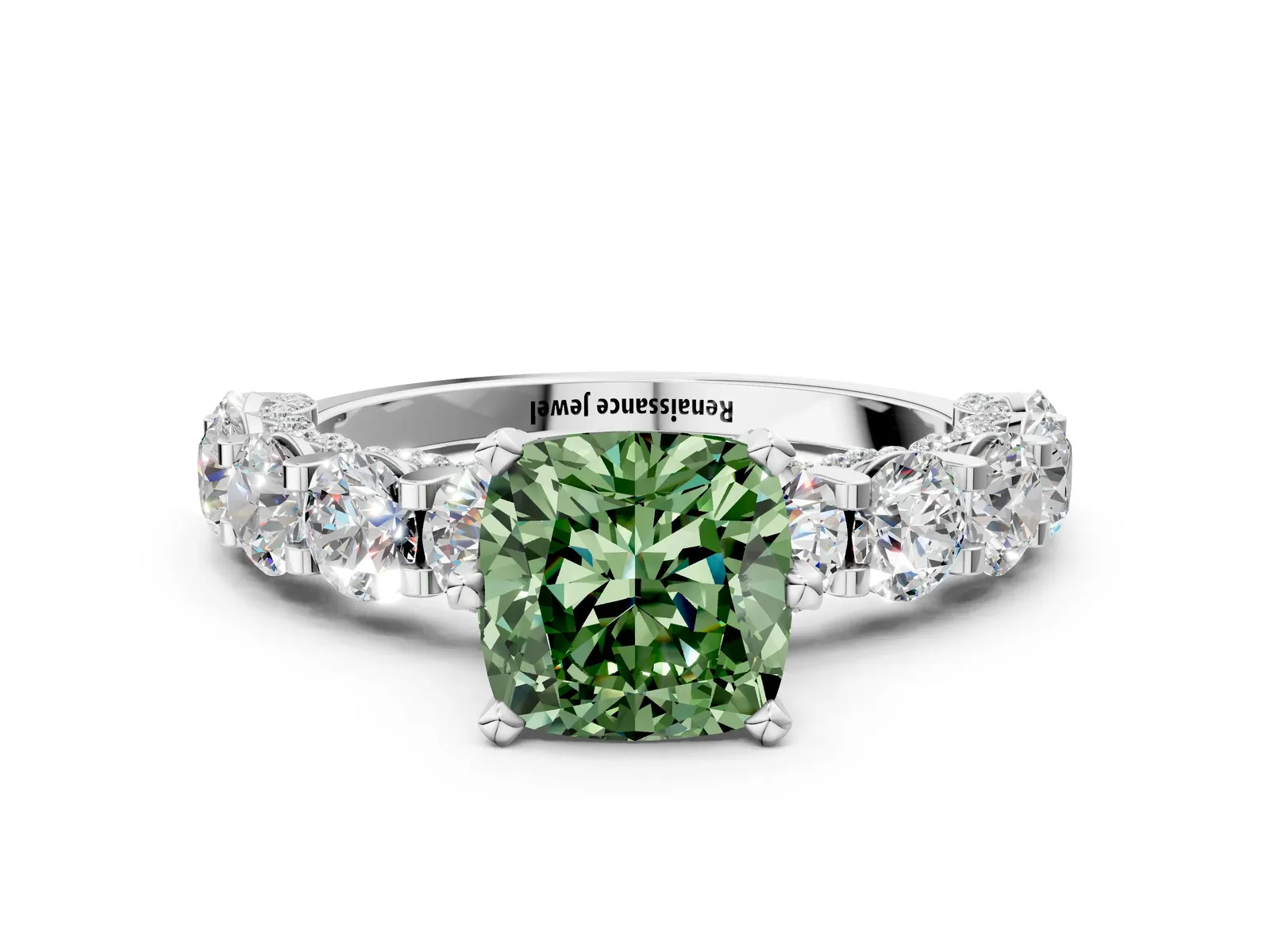 Fancy Green Cushion Cut Diamond Side Stone Engagement Ring with Four-Prong Setting White gold