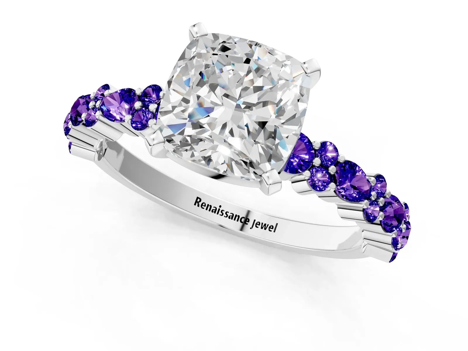 Cushion Cut Diamond Side Stone Solitaire Ring with Round Tanzanite and Four-Prong Setting Platinum