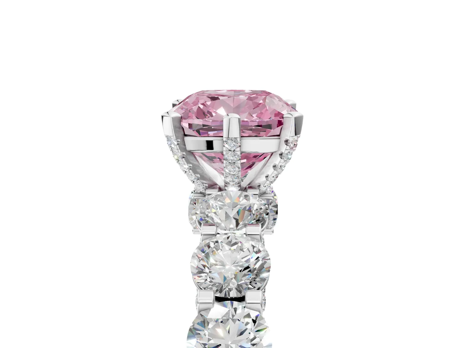 Fancy Pink Cushion Cut Diamond Side Stone Engagement Ring with Four-Prong Setting Platinum