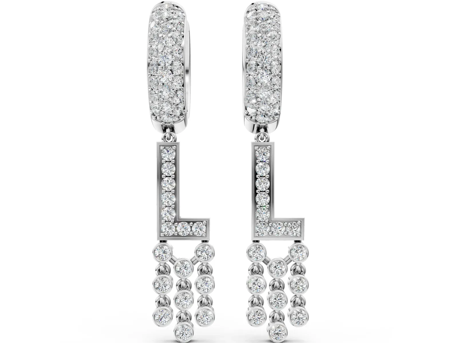Round Diamond Initial L Huggie Hoop Earrings Silver
