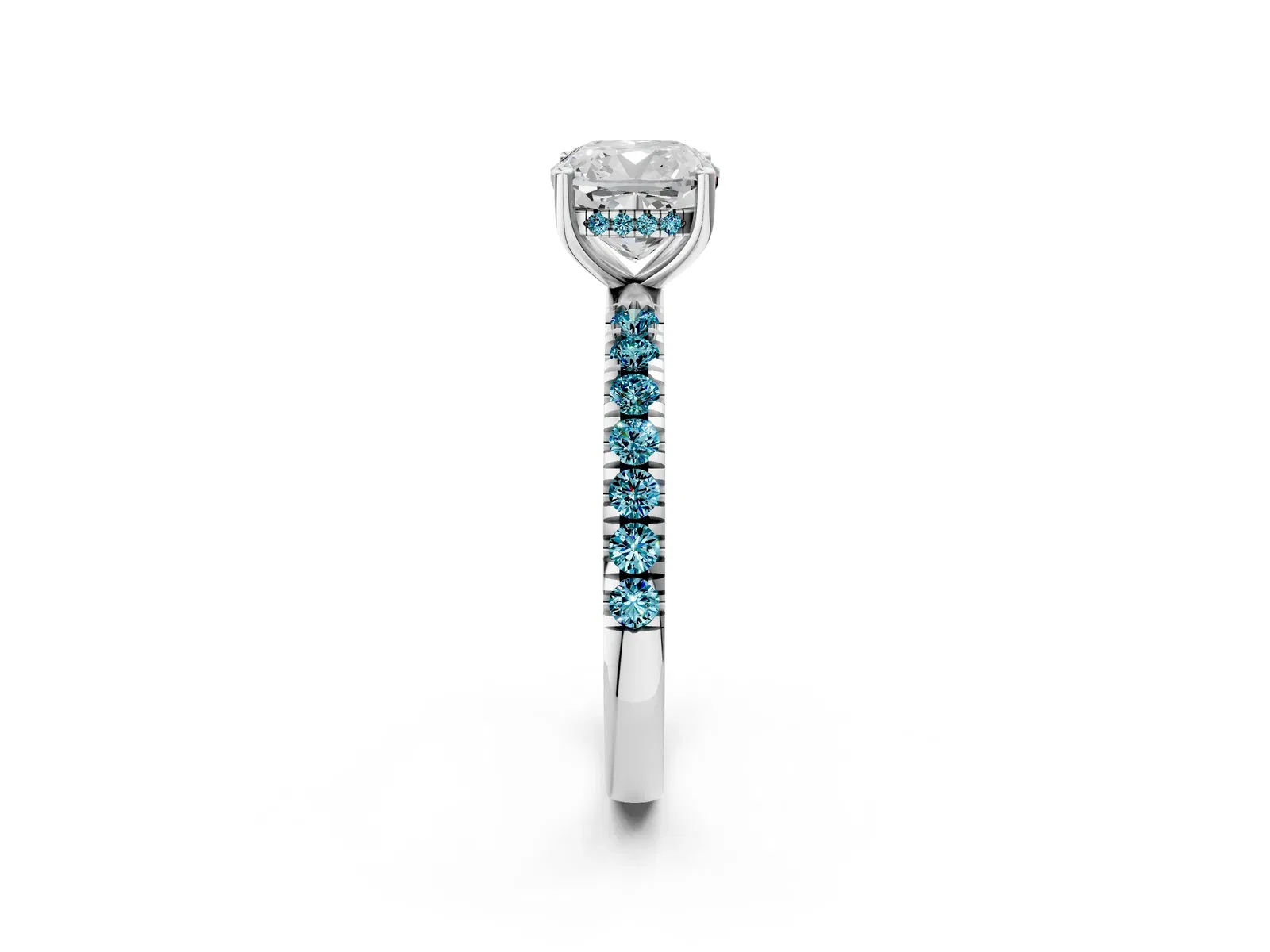 Cushion Cut Diamond Pave Band Solitaire Ring with Round Blue Topaz and Prong Setting Platinum