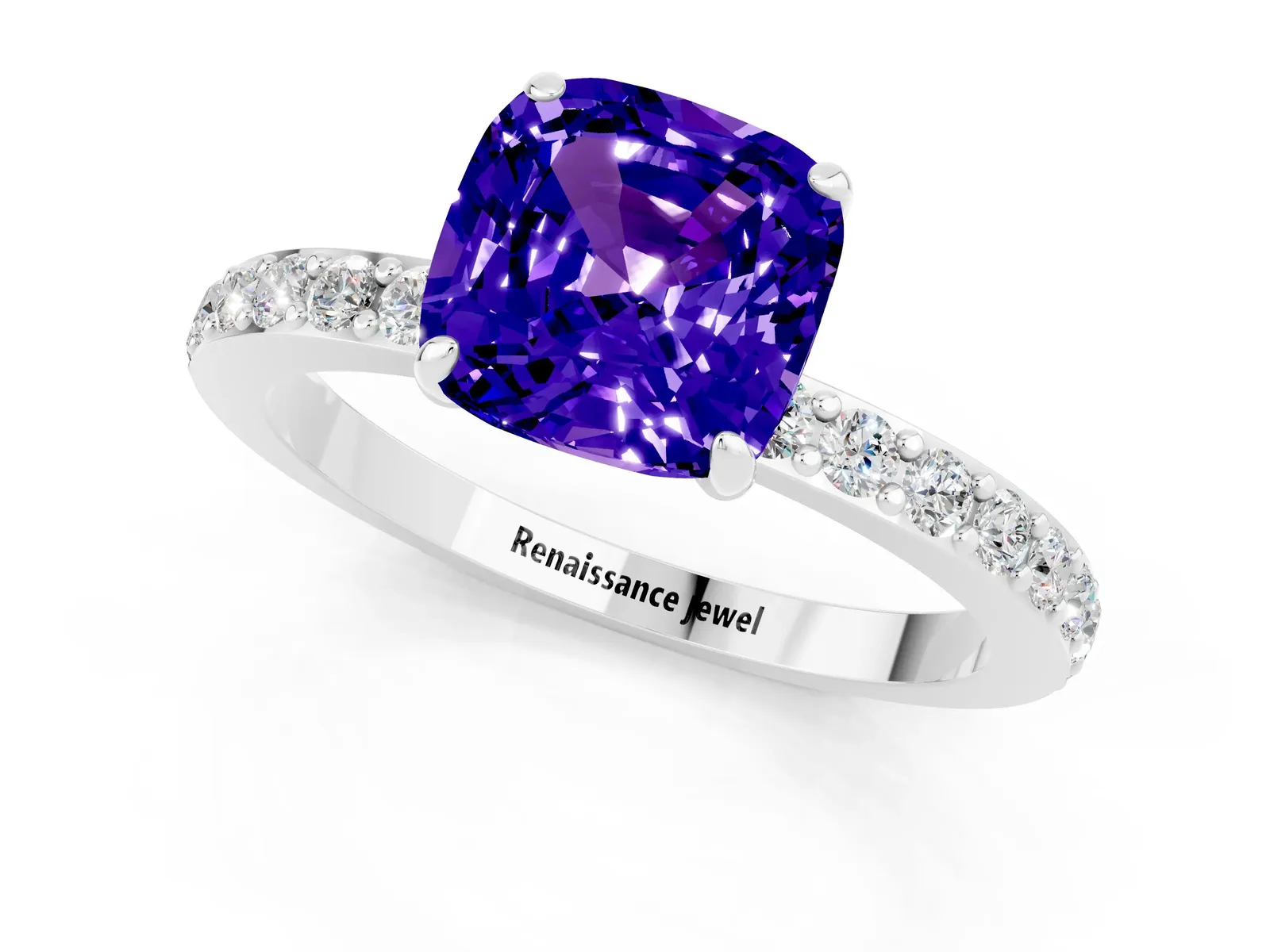 Cushion Cut Tanzanite Solitaire Engagement Ring with Pavé Band and Four-Prong Setting Platinum