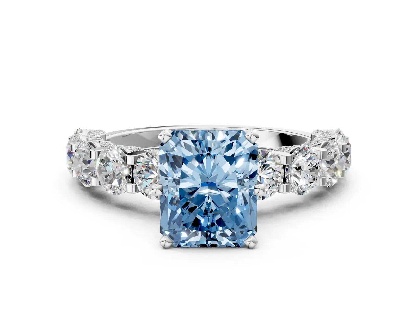 Fancy Blue Radiant Cut Diamond Side Stone Engagement Ring with Four-Prong Setting Platinum