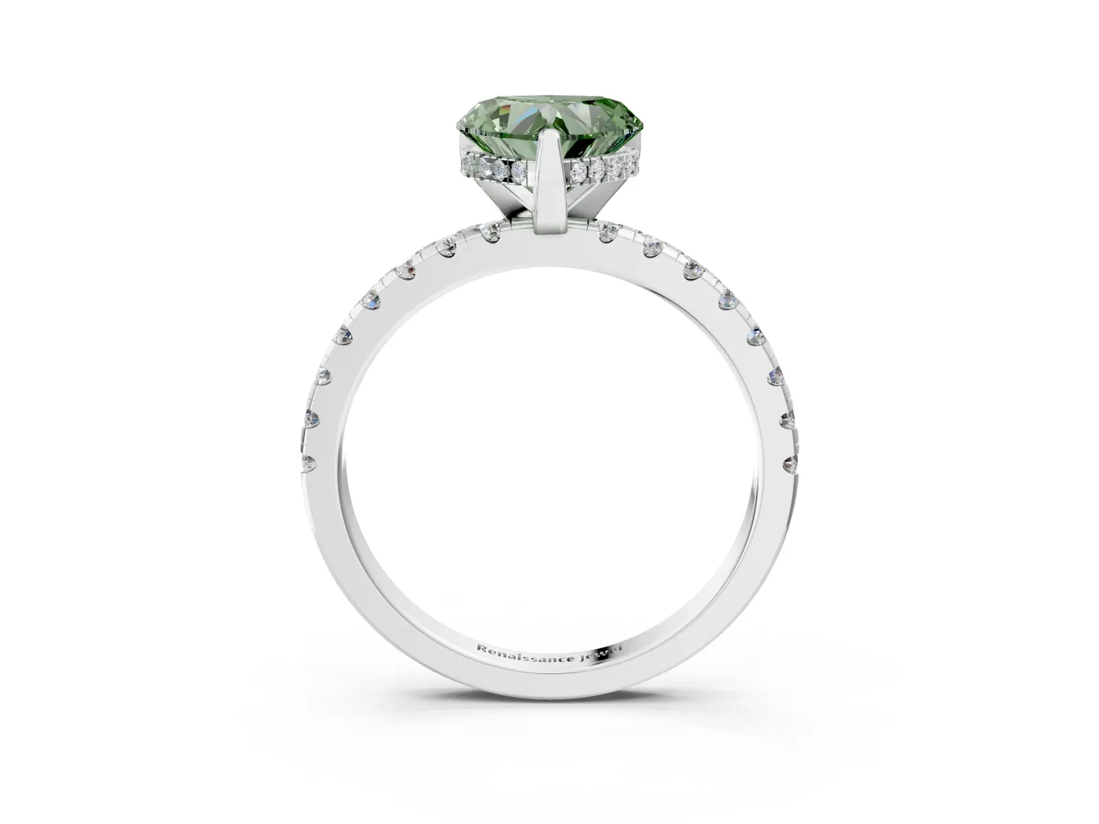 Fancy Green Heart Cut Diamond Solitaire Ring with Round Pavé Band and Four-Prong Setting Platinum
