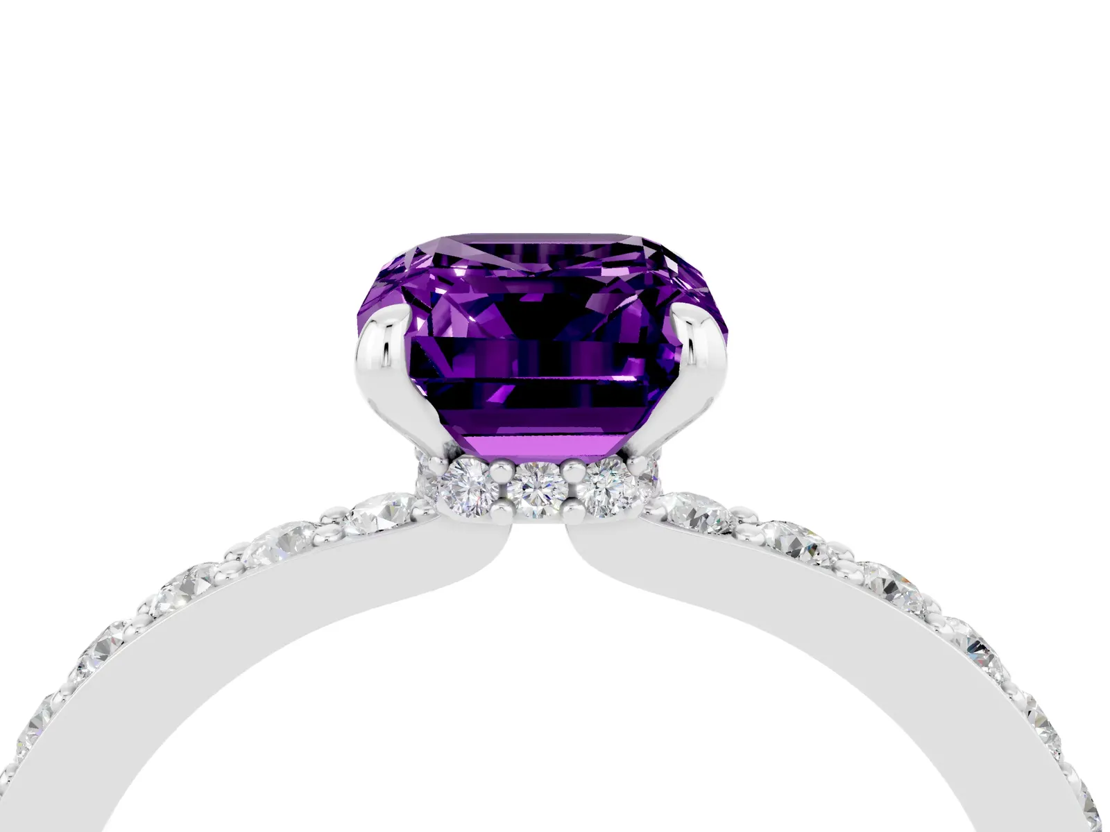 Emerald Cut Amethyst Solitaire Engagement Ring with Pavé Band and Four-Prong Setting Platinum