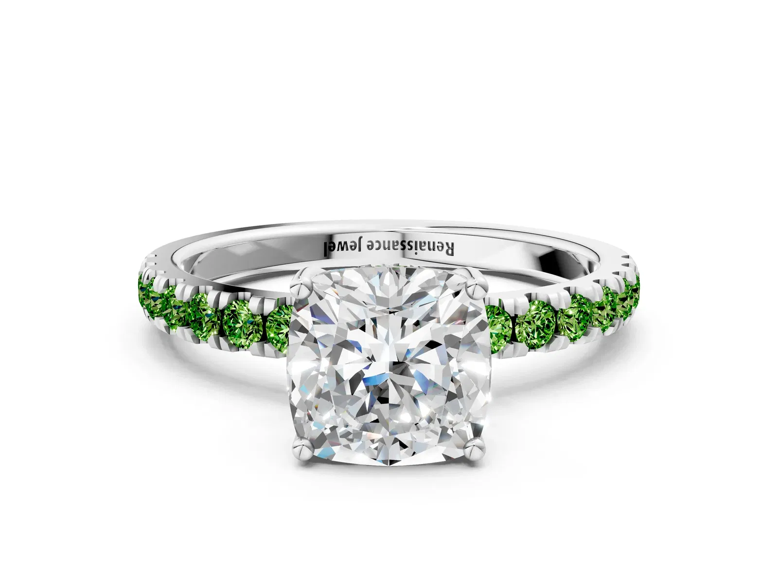 Cushion Cut Diamond Pave Band Solitaire Ring with Round Peridot and Prong Setting Platinum