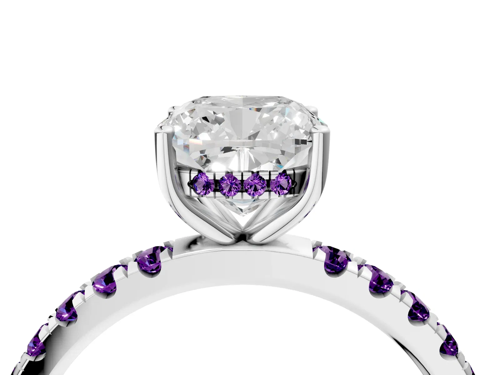 Cushion Cut Diamond Pave Band Solitaire Ring with Round Amethyst and Prong Setting Platinum