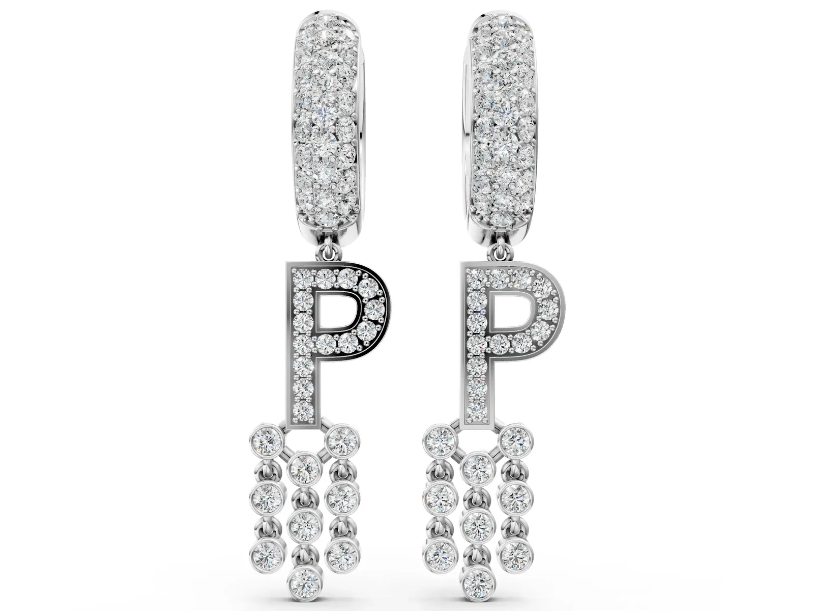 Round Diamond Initial P Huggie Hoop Earrings Silver