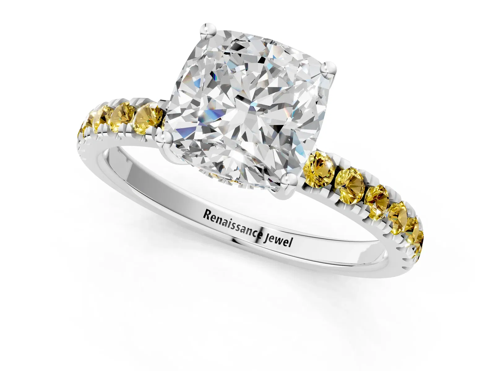 Cushion Cut Diamond Pave Band Solitaire Ring with Round Yellow Sapphire and Prong Setting Platinum