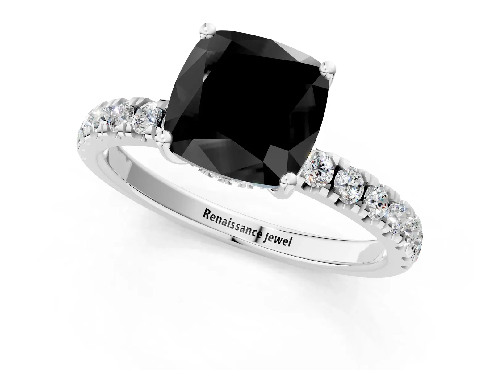 Fancy Black Cushion Cut Diamond Pave Band Solitaire Ring with Round and Prong Setting Platinum