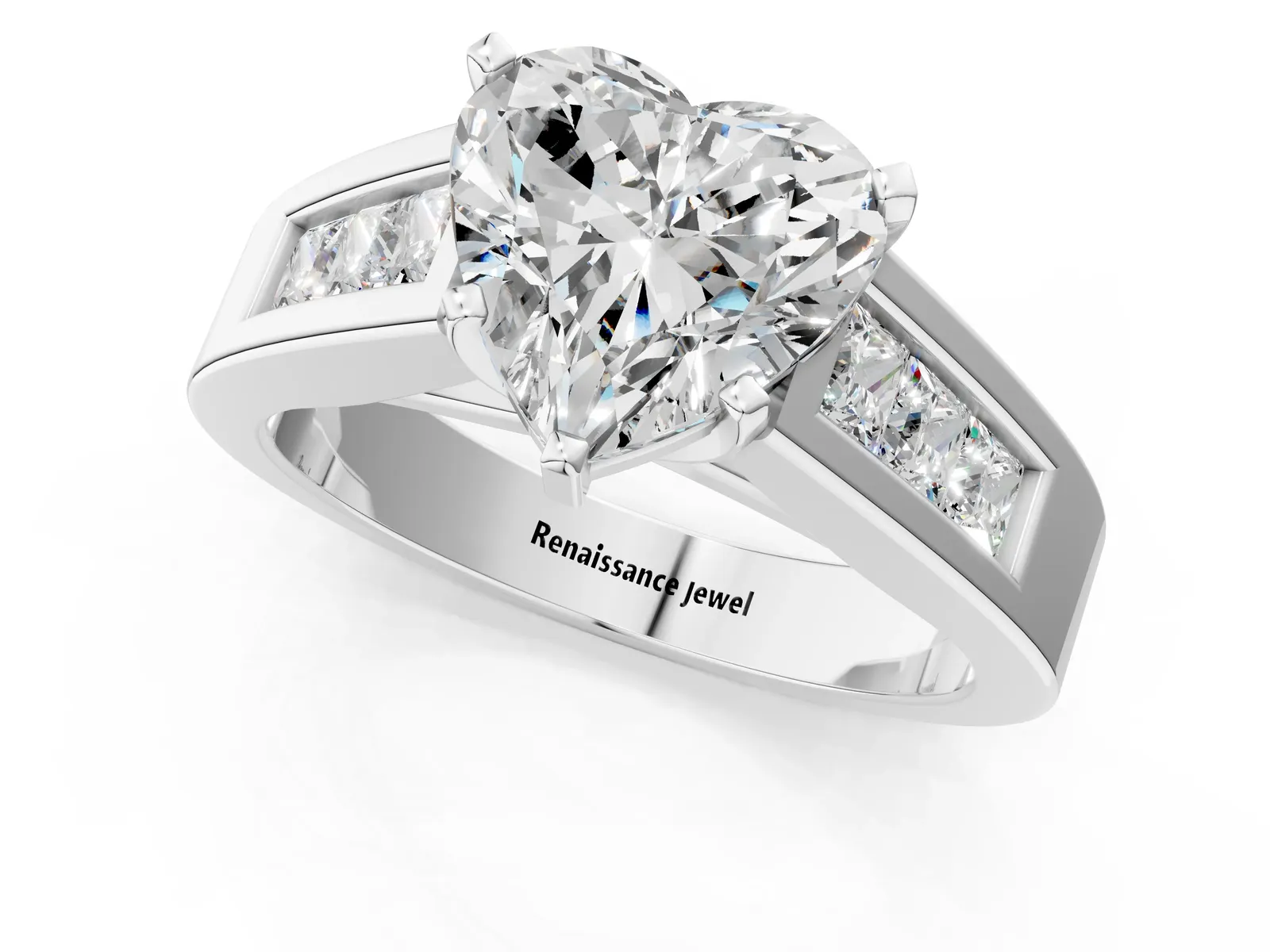 Heart Cut Cut Channel Set Solitaire Ring with Four-Prong Setting Platinum