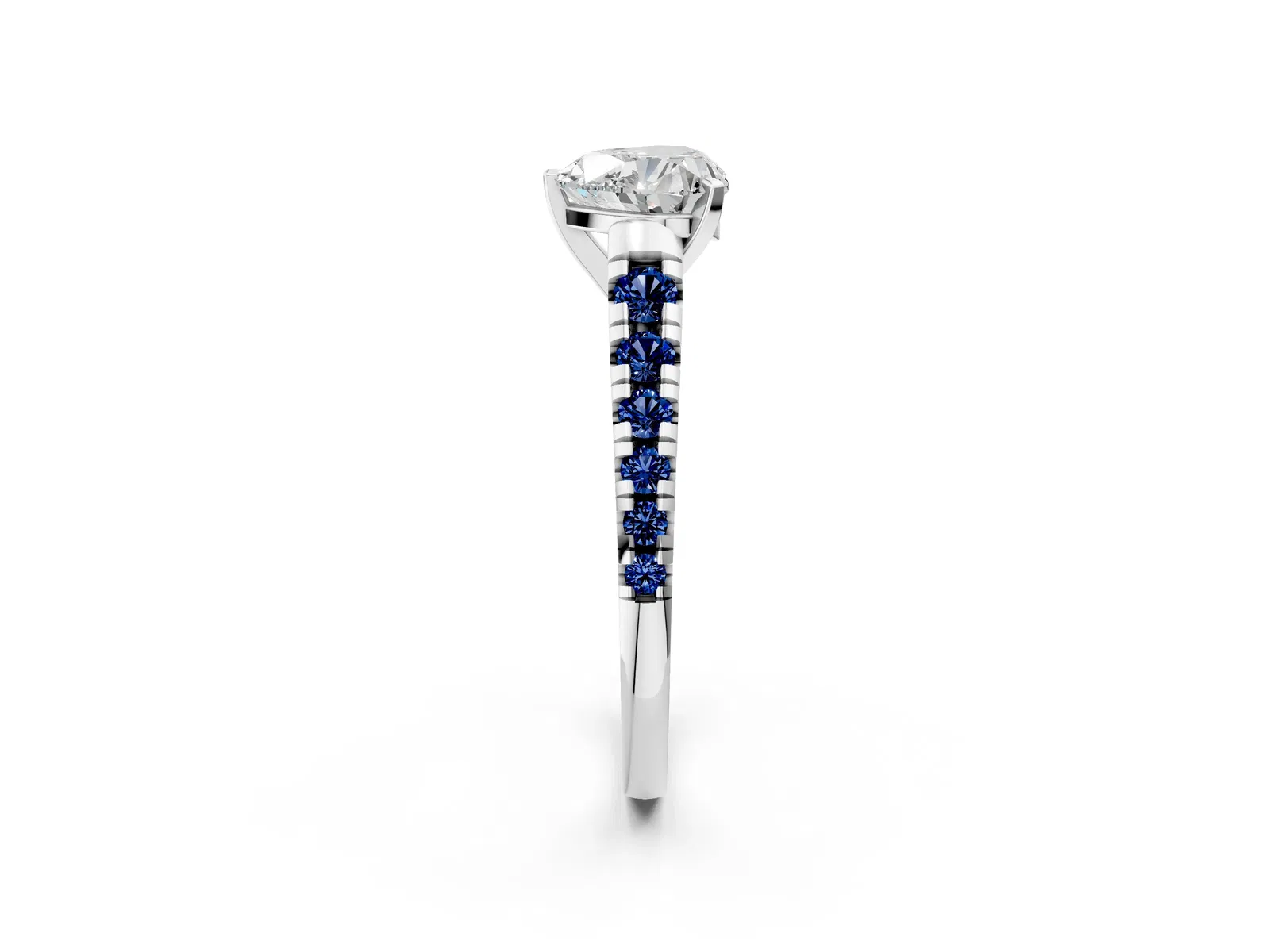 Heart Cut Diamond Cathedral Solitaire Ring with Round Blue Sapphire Pavé Band Platinum
