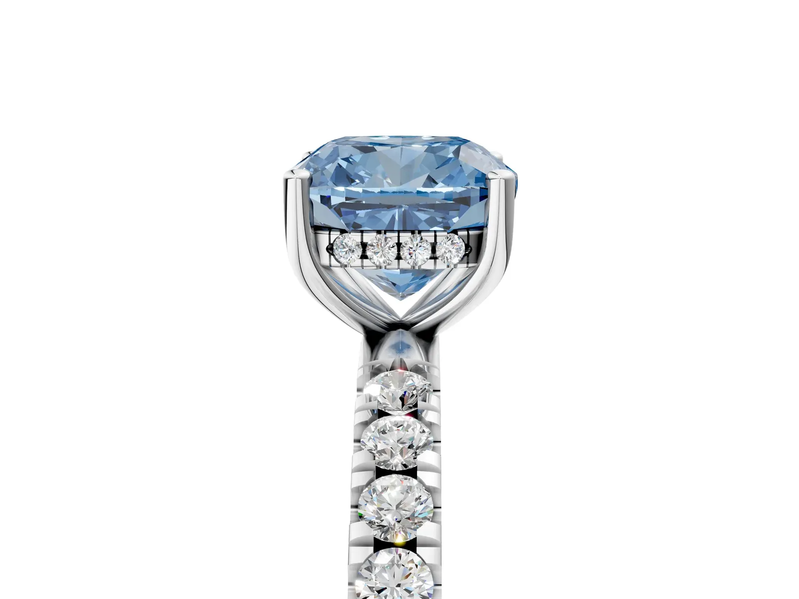 Fancy Blue Cushion Cut Diamond Pave Band Solitaire Ring with Round and Prong Setting Platinum