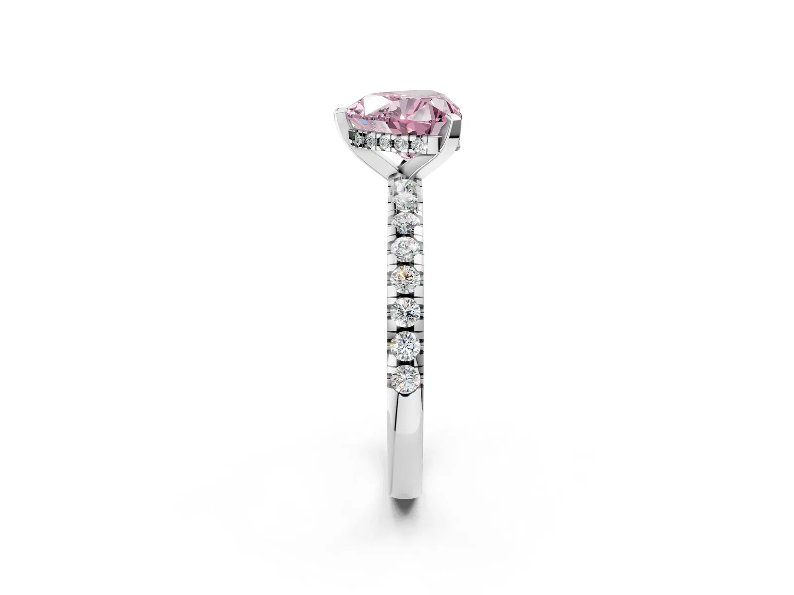 Fancy Pink Heart Cut Diamond Solitaire Ring with Round Pavé Band and Four-Prong Setting Platinum
