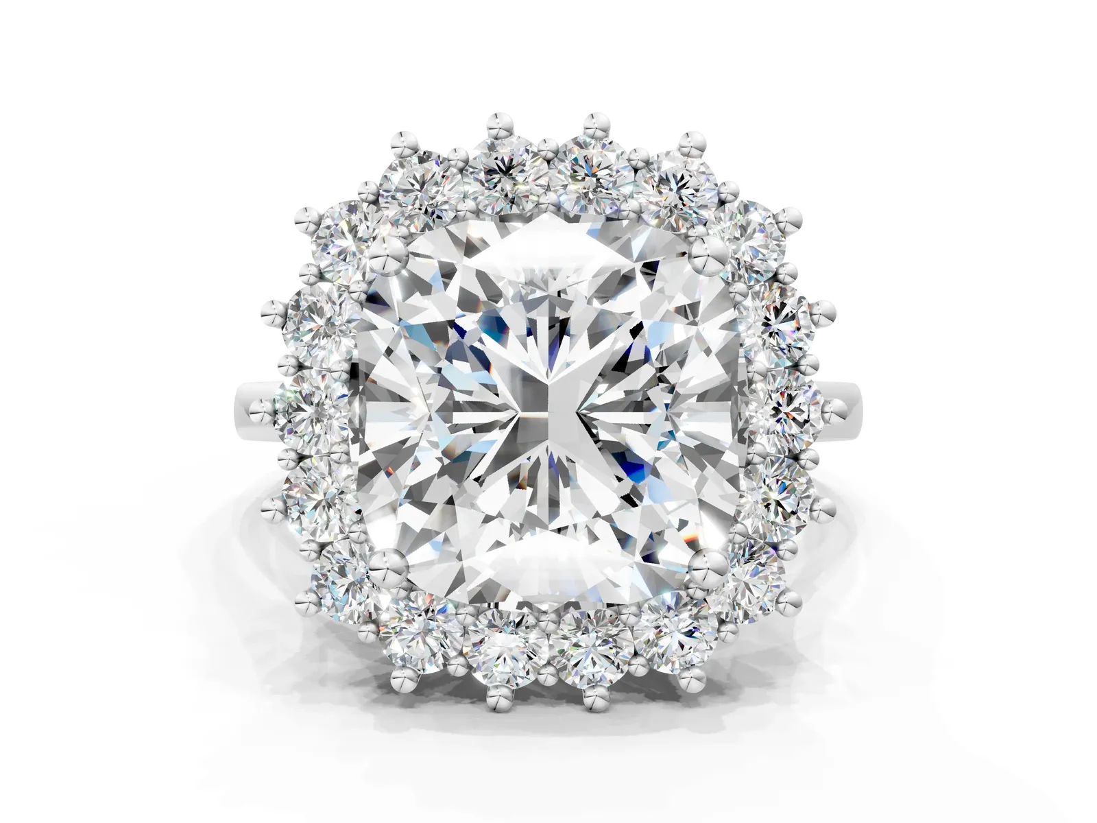 Cushion Diamond Halo Engagement Ring with Round Diamond Accents White gold