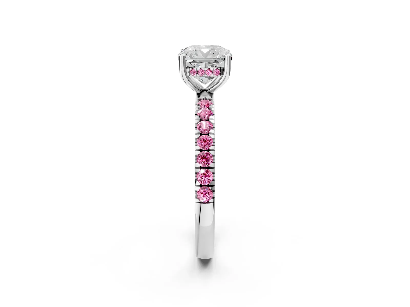 Cushion Cut Diamond Pave Band Solitaire Ring with Round Pink Sapphire and Prong Setting Platinum