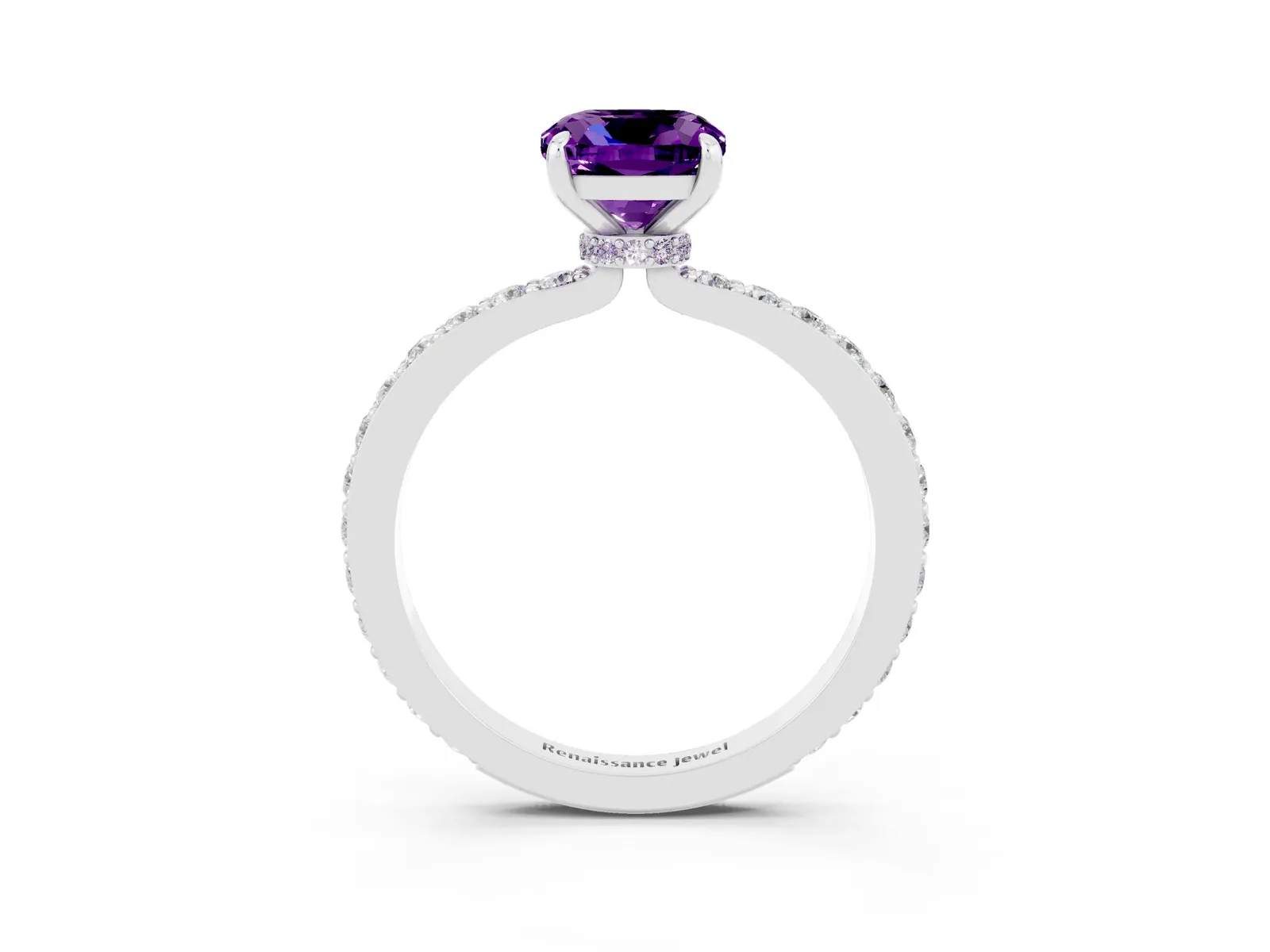 Cushion Cut Amethyst Solitaire Engagement Ring with Pavé Band and Four-Prong Setting Platinum