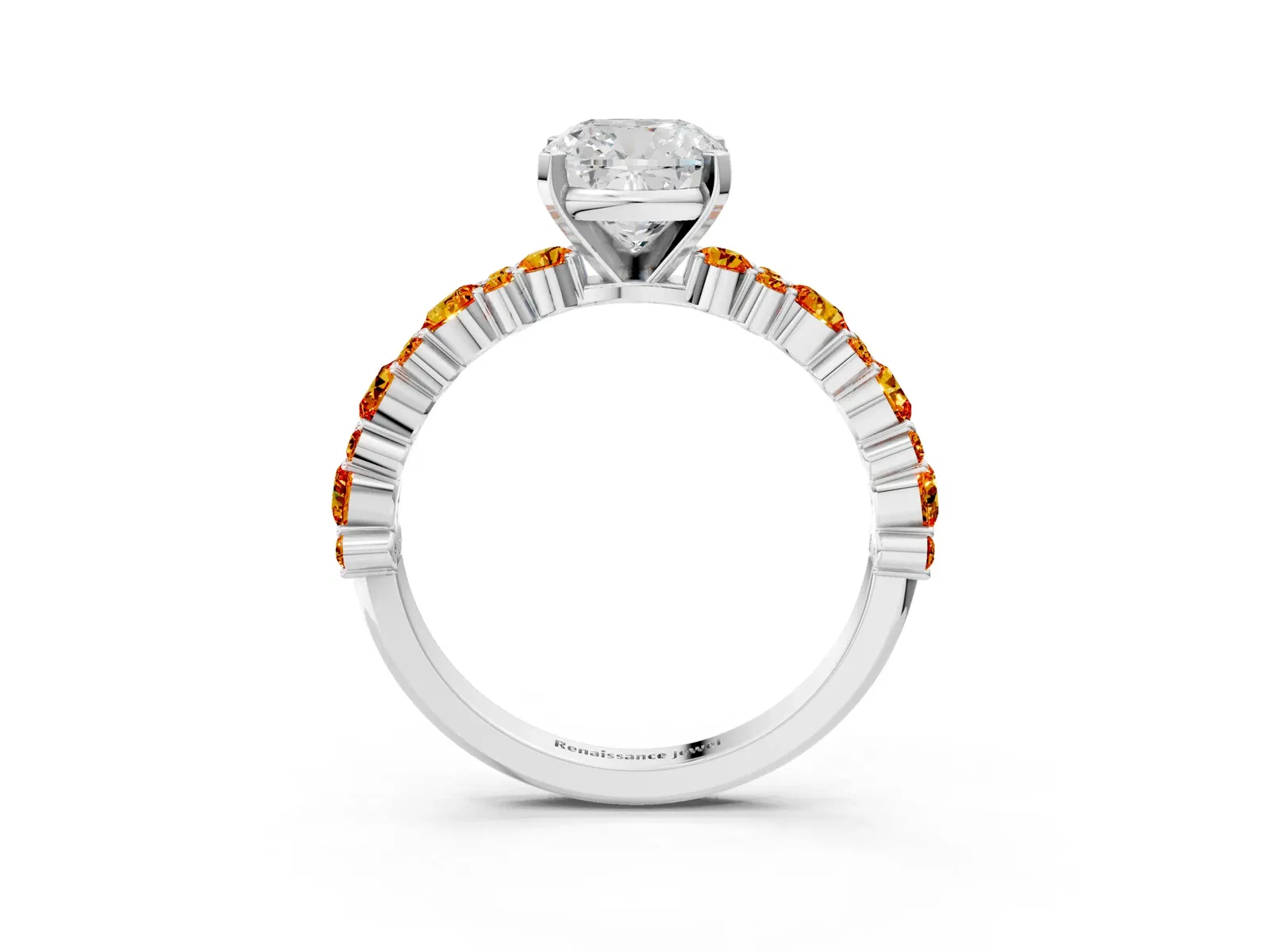 Cushion Cut Diamond Side Stone Solitaire Ring with Round Citrine and Four-Prong Setting Platinum