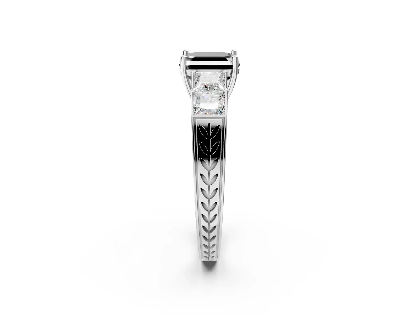 Fancy Black Asscher Cut Solitaire Princess Side Stone Engraved Band Prong Setting Ring Platinum