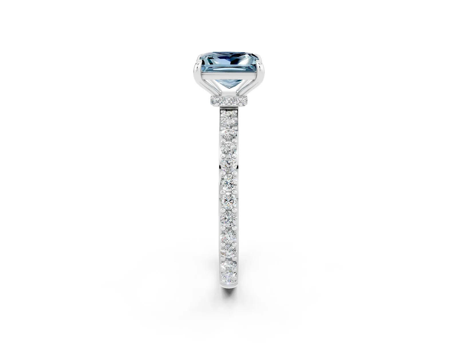 Princess Cut Aquamarine Solitaire Engagement Ring with Pavé Band and Four-Prong Setting Platinum