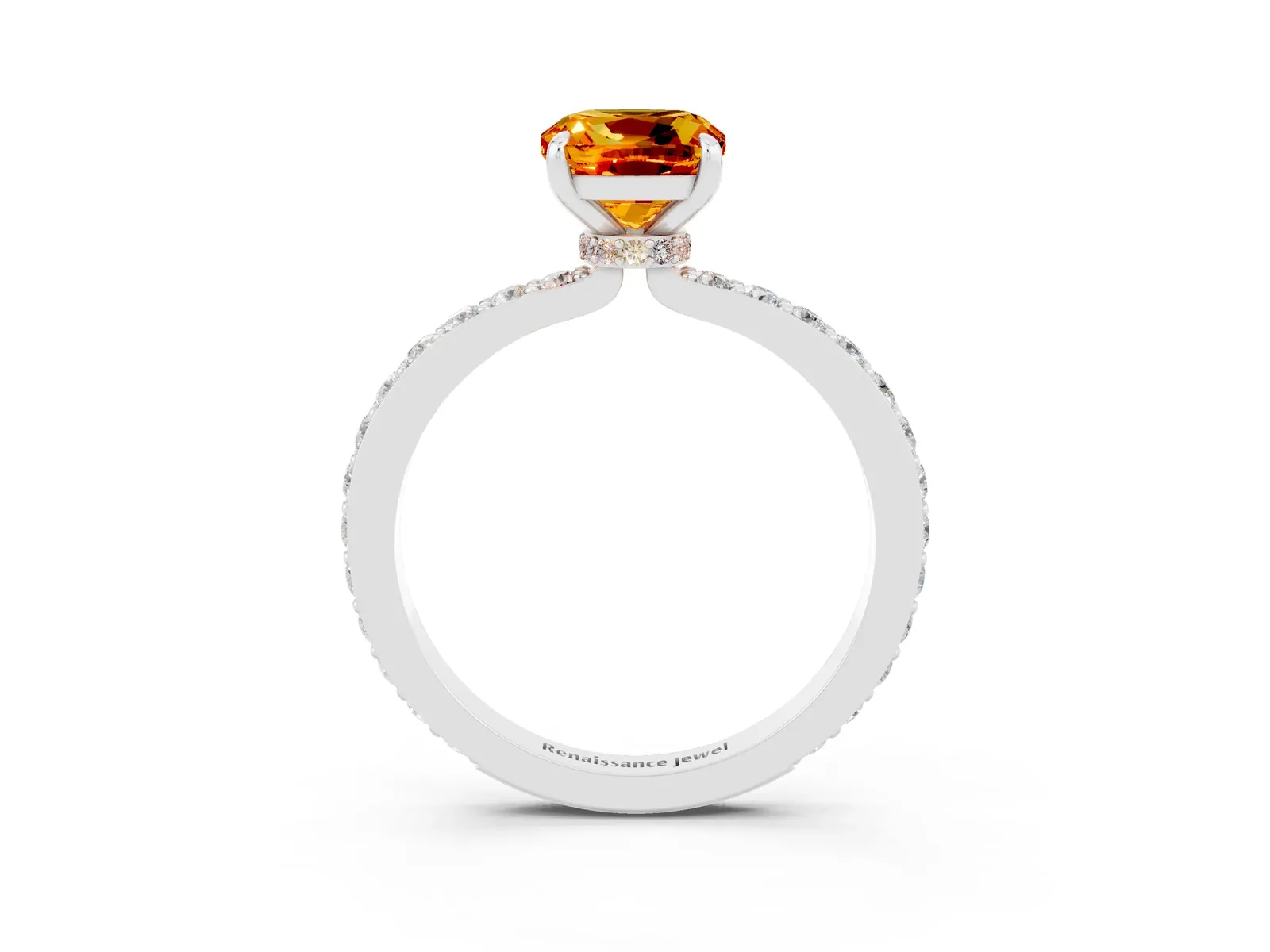Cushion Cut Citrine Solitaire Engagement Ring with Pavé Band and Four-Prong Setting Platinum