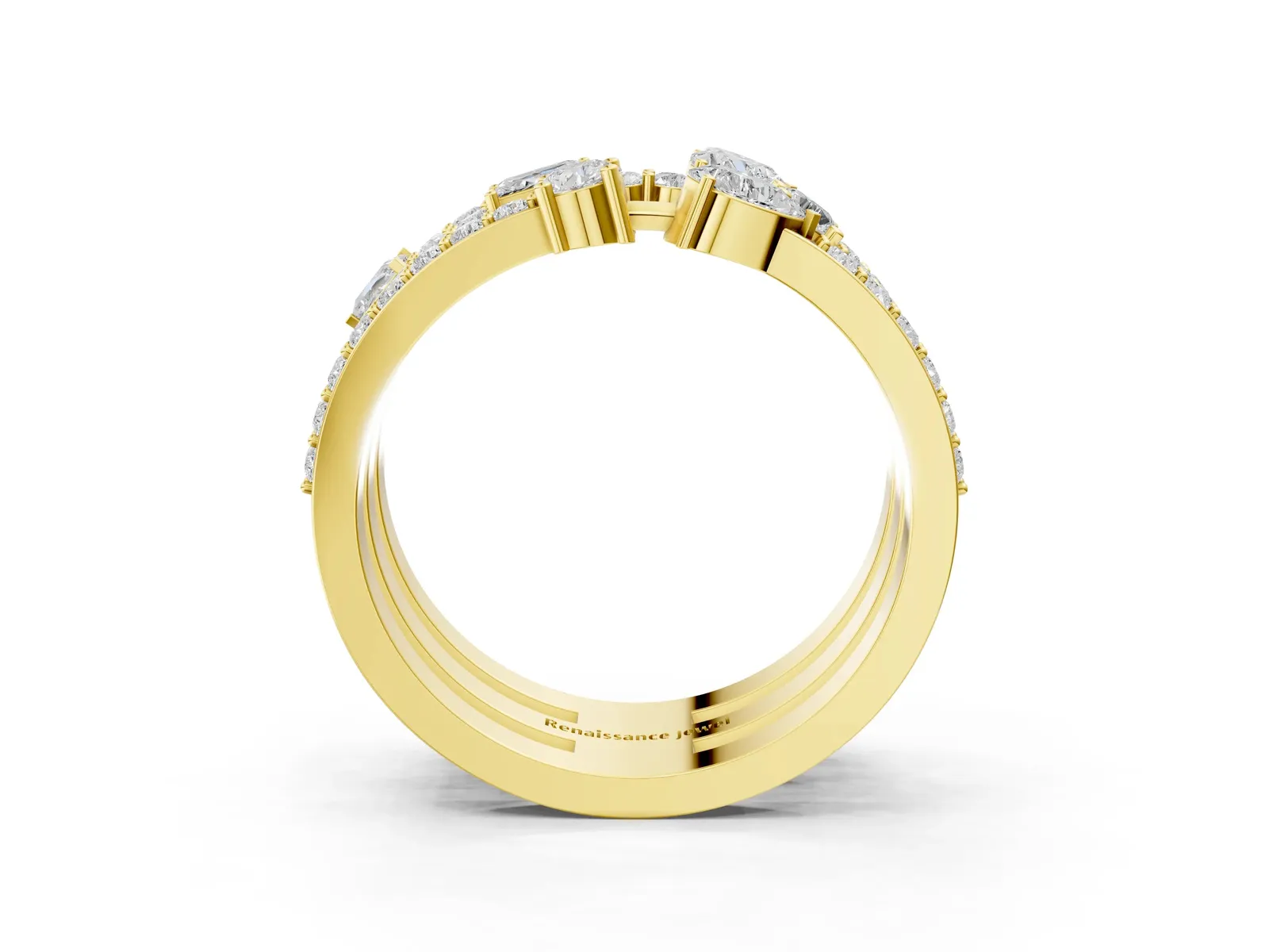 Mixed Shape Diamond Multi Row Promise Ring with Round Diamond Accents Yellow gold