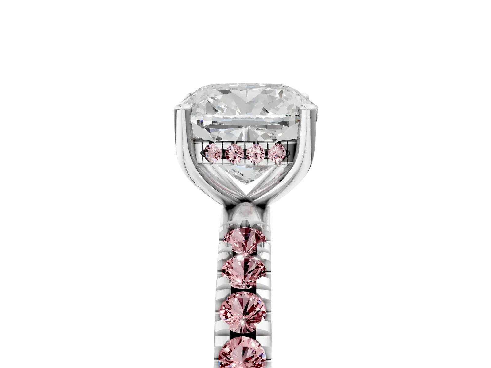 Cushion Cut Diamond Pave Band Solitaire Ring with Round Morganite and Prong Setting Platinum