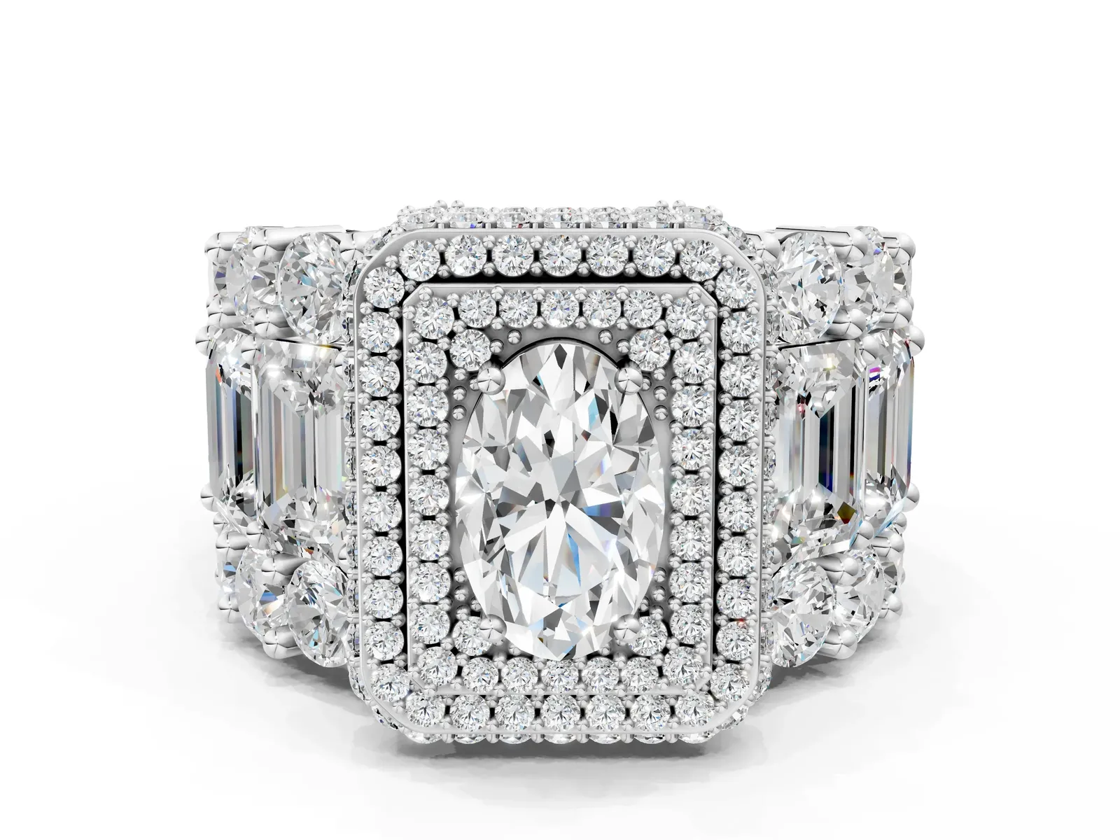 Oval Diamond Halo Mens Ring with Baguette Side Stones Silver
