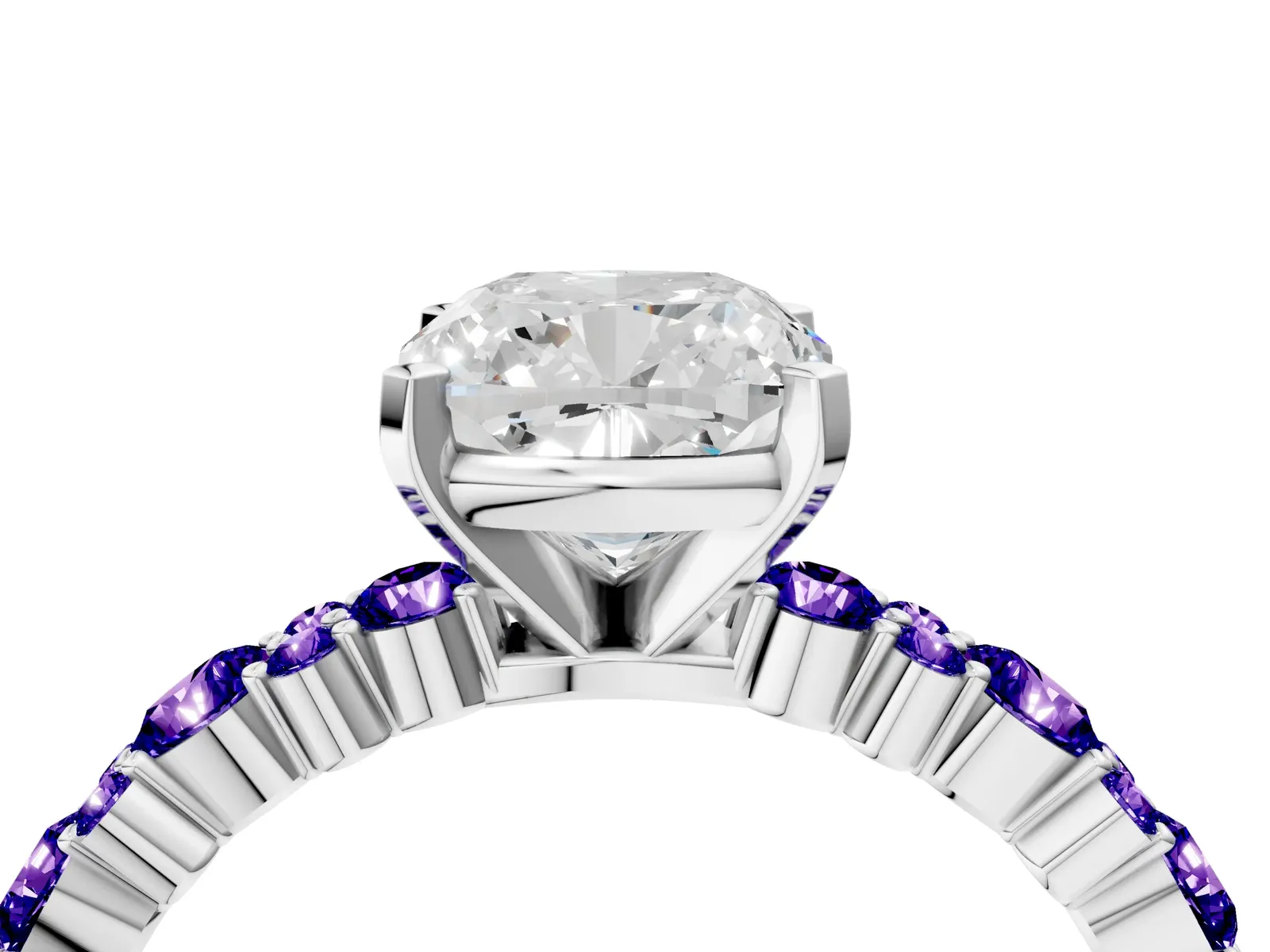 Cushion Cut Diamond Side Stone Solitaire Ring with Round Tanzanite and Four-Prong Setting Platinum