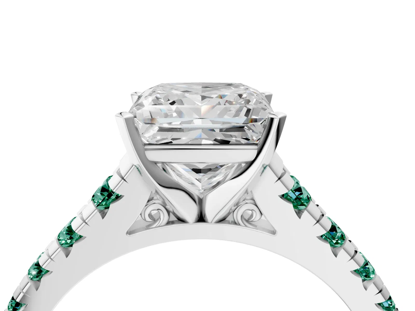 Princess Cut Diamond Cathedral Solitaire Ring with Round Green Sapphire Pavé Band Platinum