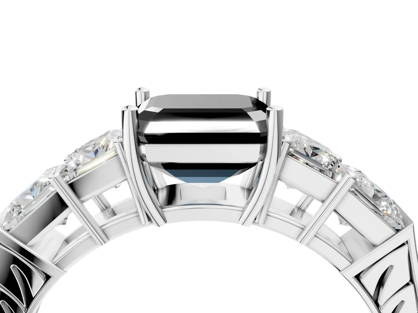 Fancy Black Asscher Cut Solitaire Princess Side Stone Engraved Band Prong Setting Ring Platinum