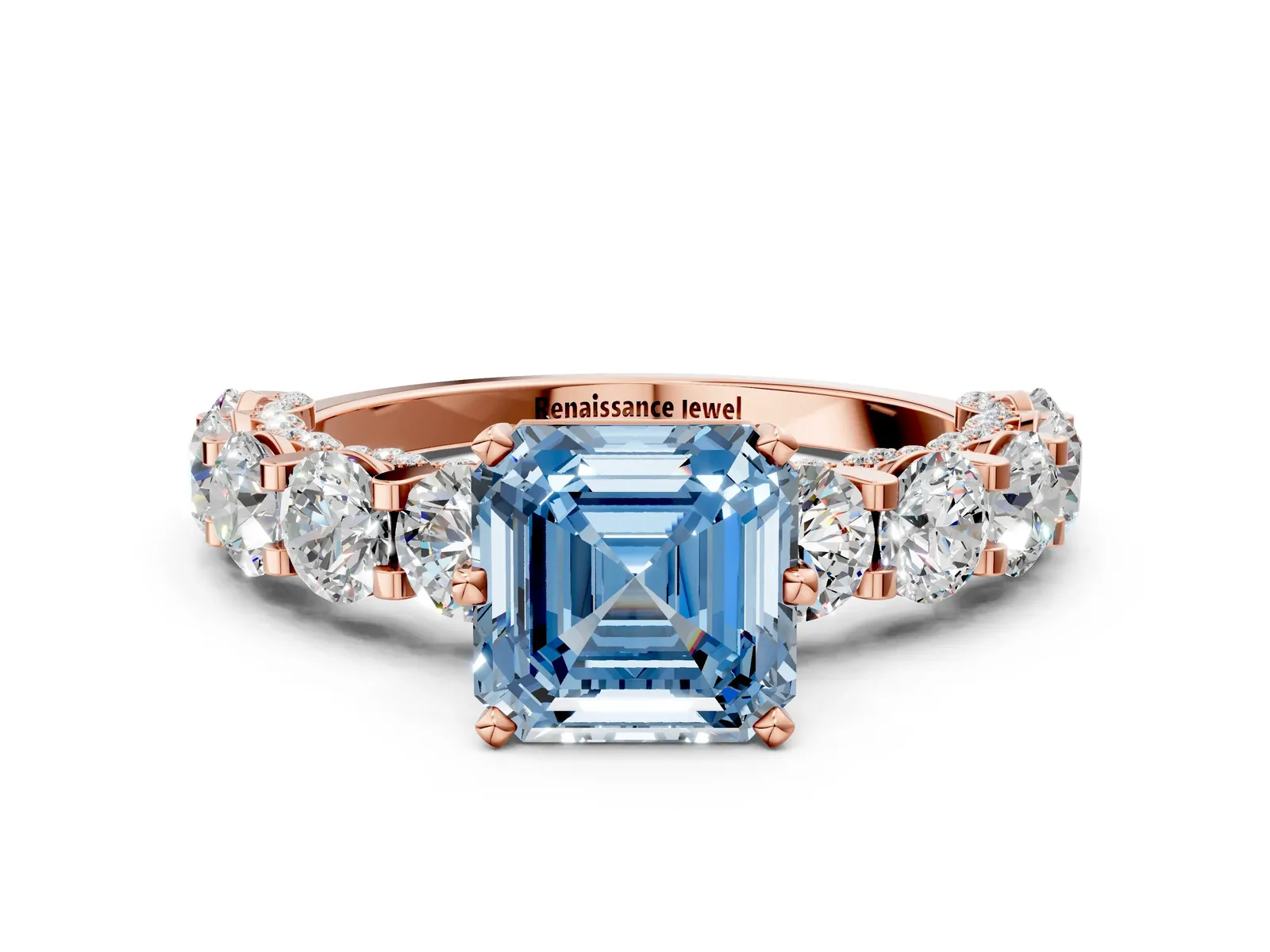 Fancy Blue Asscher Cut Diamond Side Stone Engagement Ring with Four-Prong Setting Rose gold
