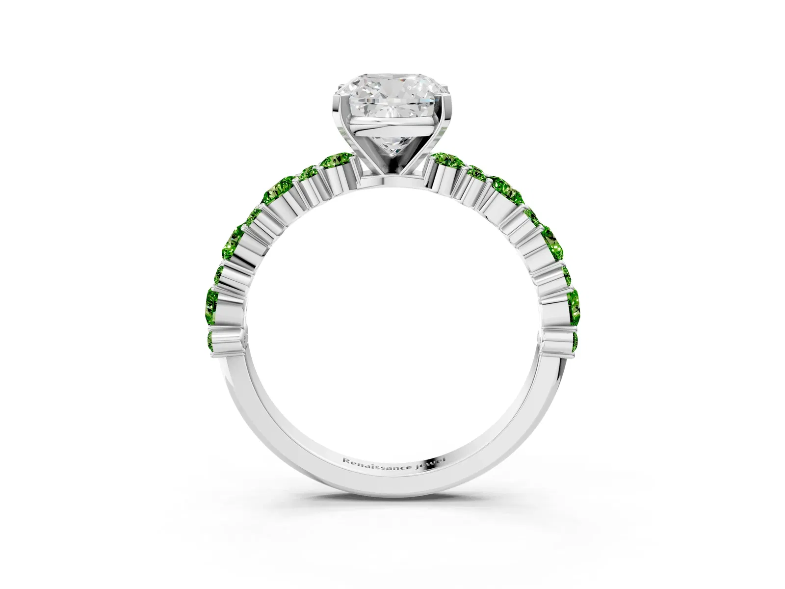 Cushion Cut Diamond Side Stone Solitaire Ring with Round Peridot and Four-Prong Setting Platinum