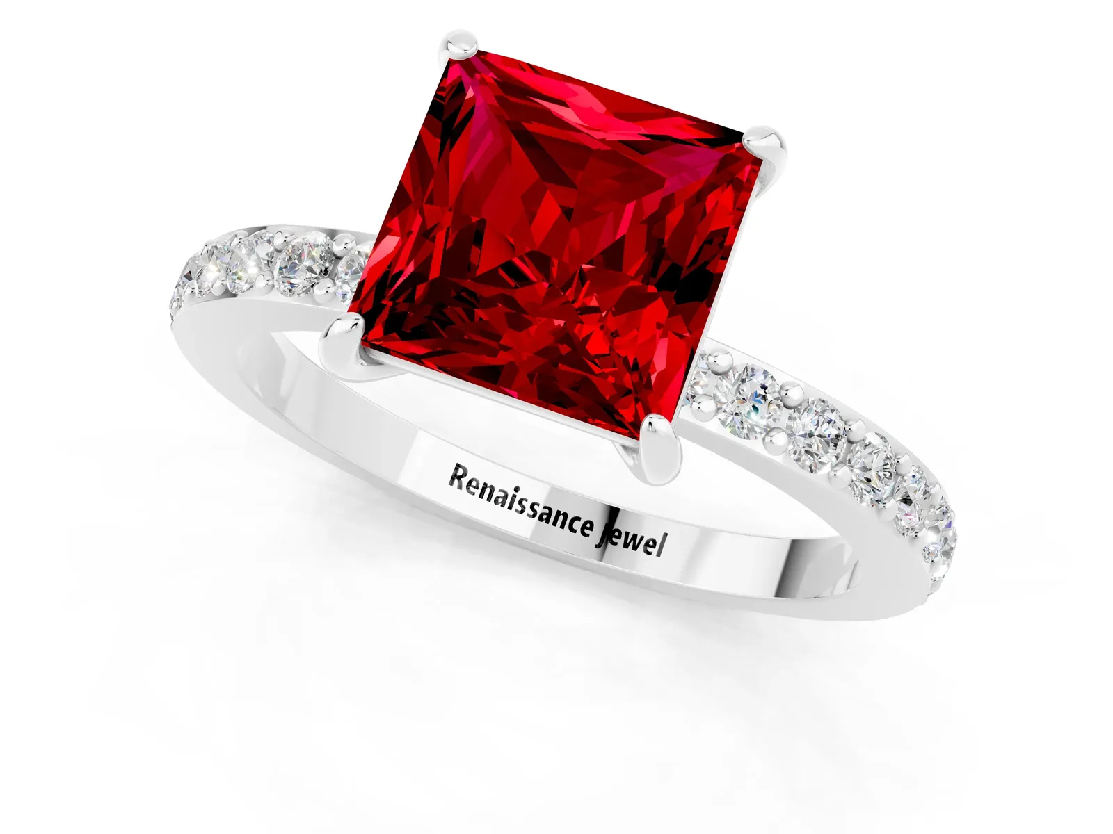 Princess Cut Ruby Solitaire Engagement Ring with Pavé Band and Four-Prong Setting Platinum