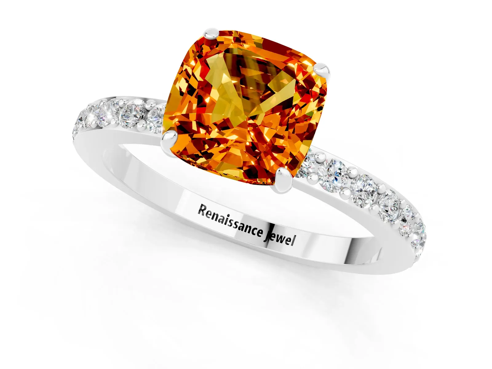 Cushion Cut Citrine Solitaire Engagement Ring with Pavé Band and Four-Prong Setting Platinum