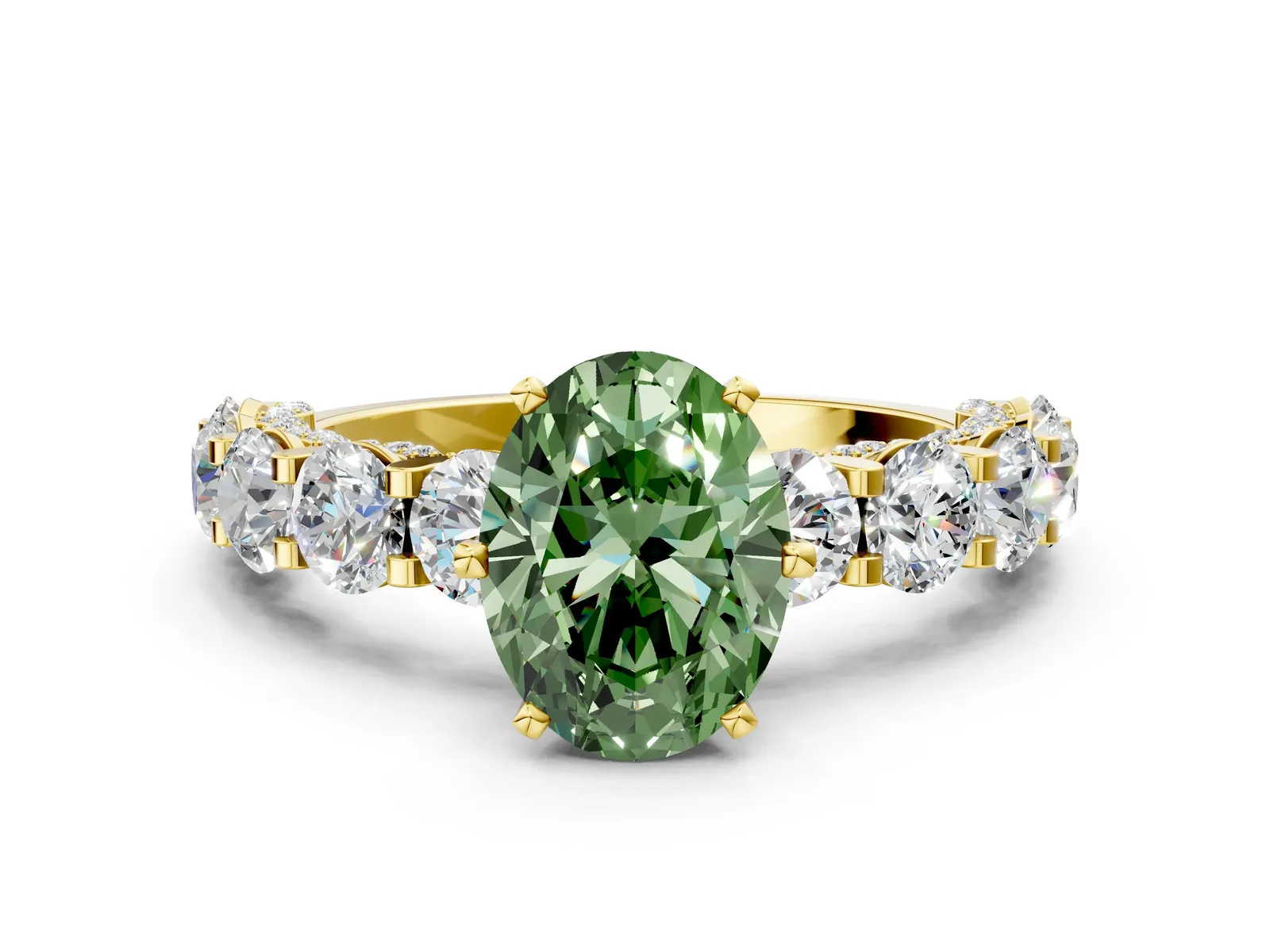 Fancy Green Oval Cut Diamond Side Stone Engagement Ring with Four-Prong Setting Yellow gold