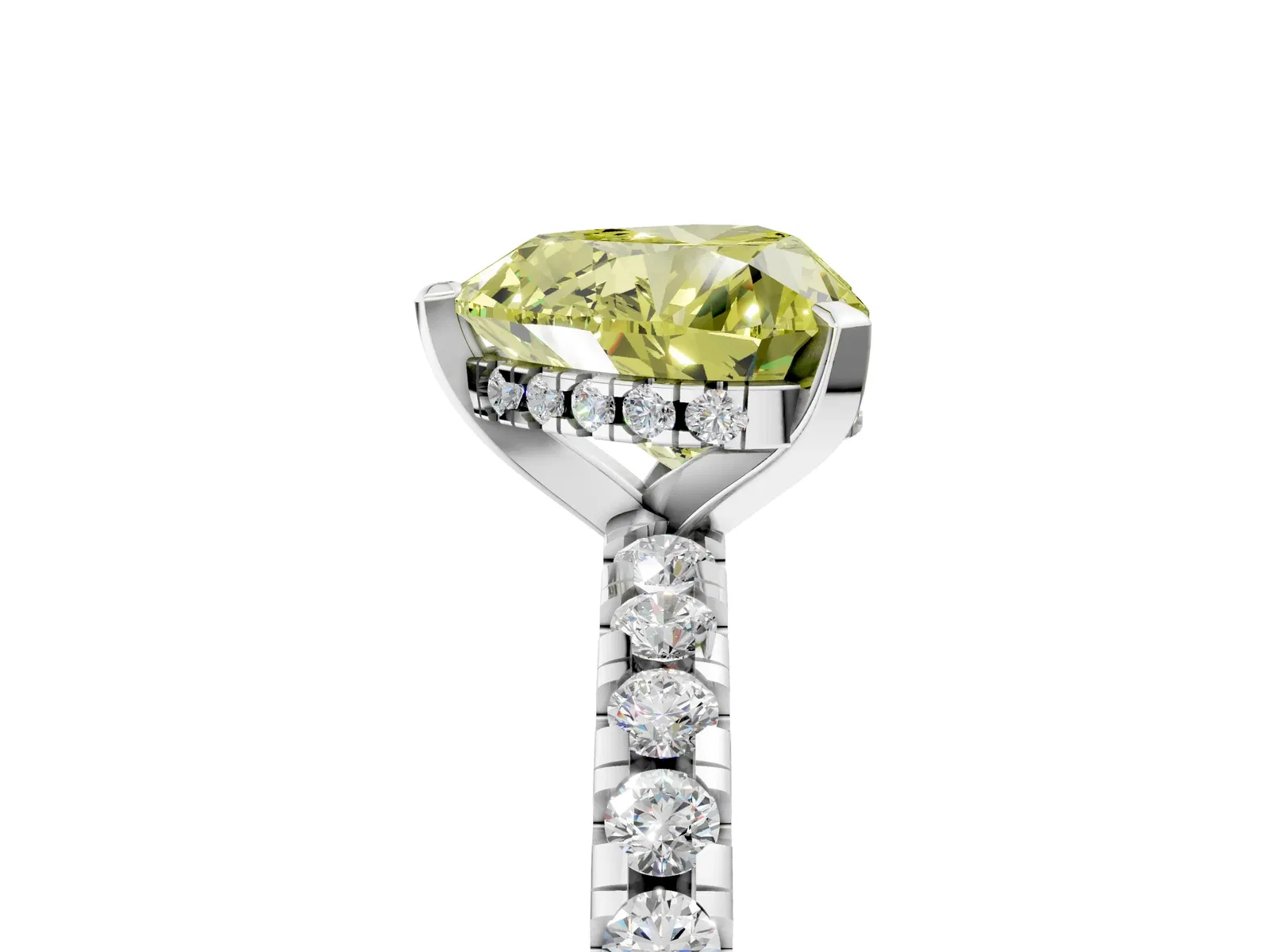 Fancy Yellow Heart Cut Diamond Solitaire Ring with Round Pavé Band and Four-Prong Setting Platinum