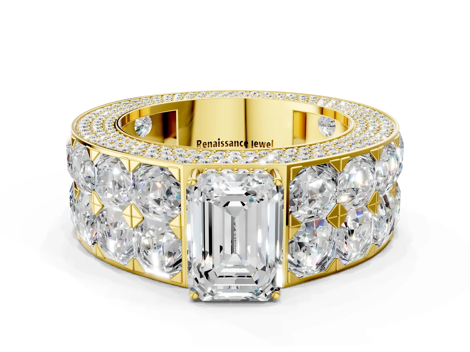 Emerald Cut Diamond Radiant Pavé Mens Ring Yellow gold