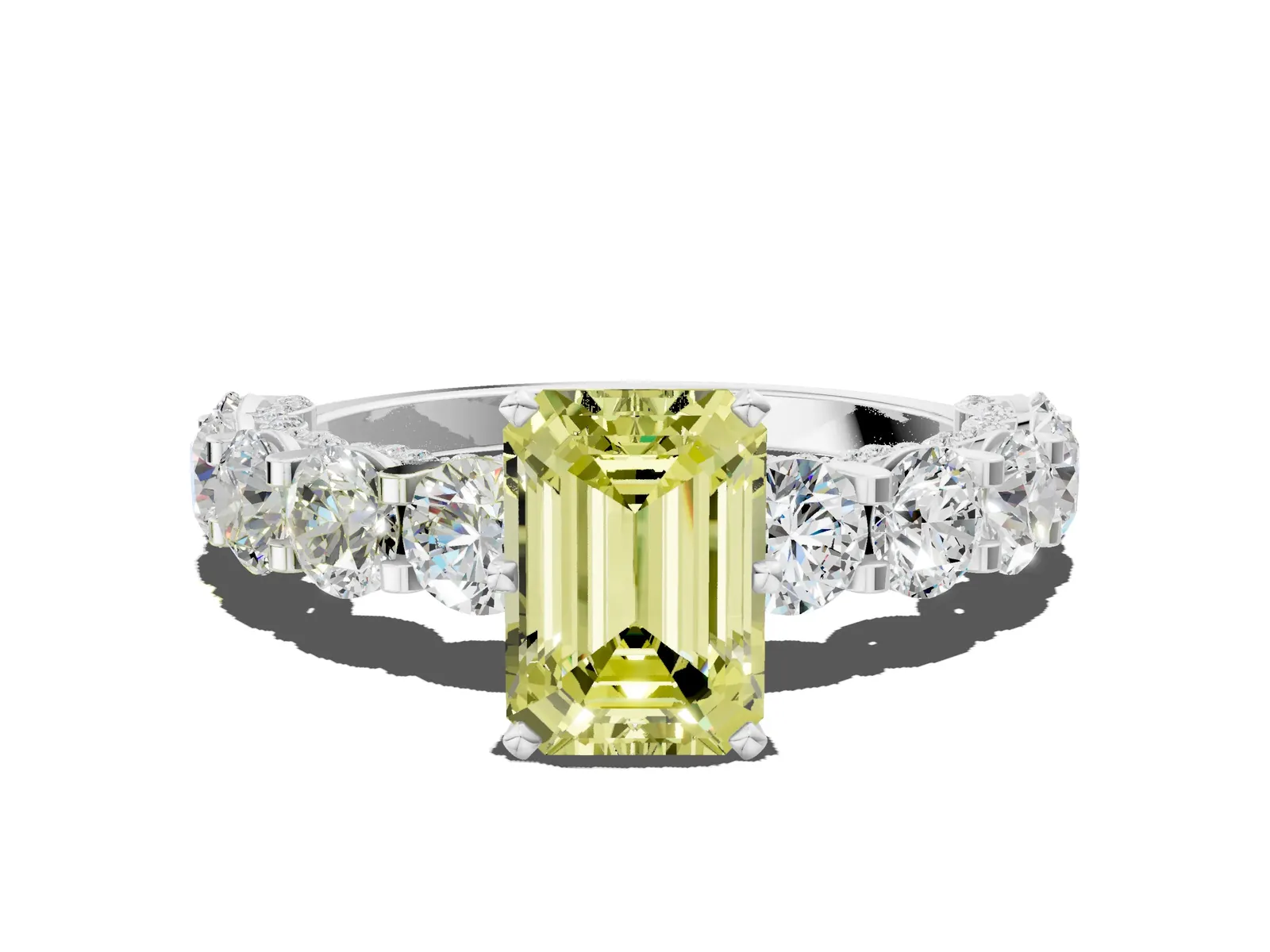 Fancy Yellow Emerald Cut Diamond Side Stone Engagement Ring with Four-Prong Setting White gold