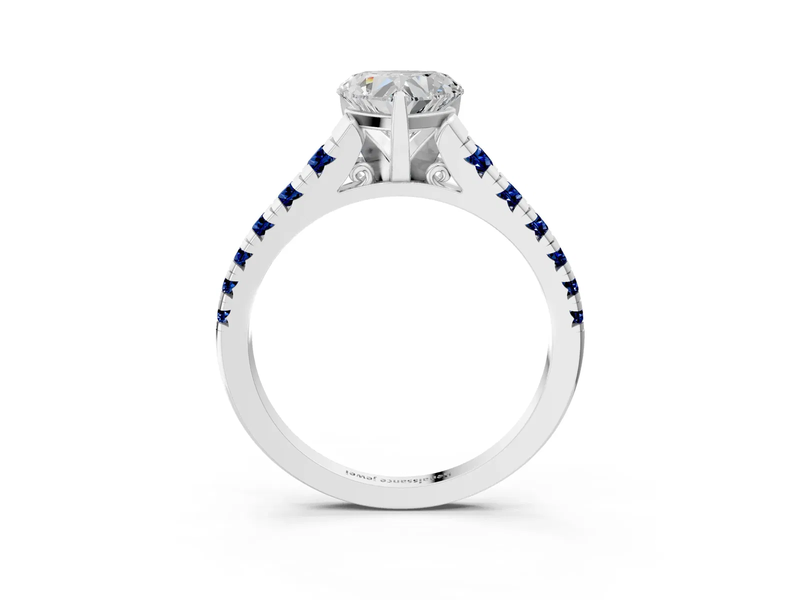 Heart Cut Diamond Cathedral Solitaire Ring with Round Blue Sapphire Pavé Band Platinum