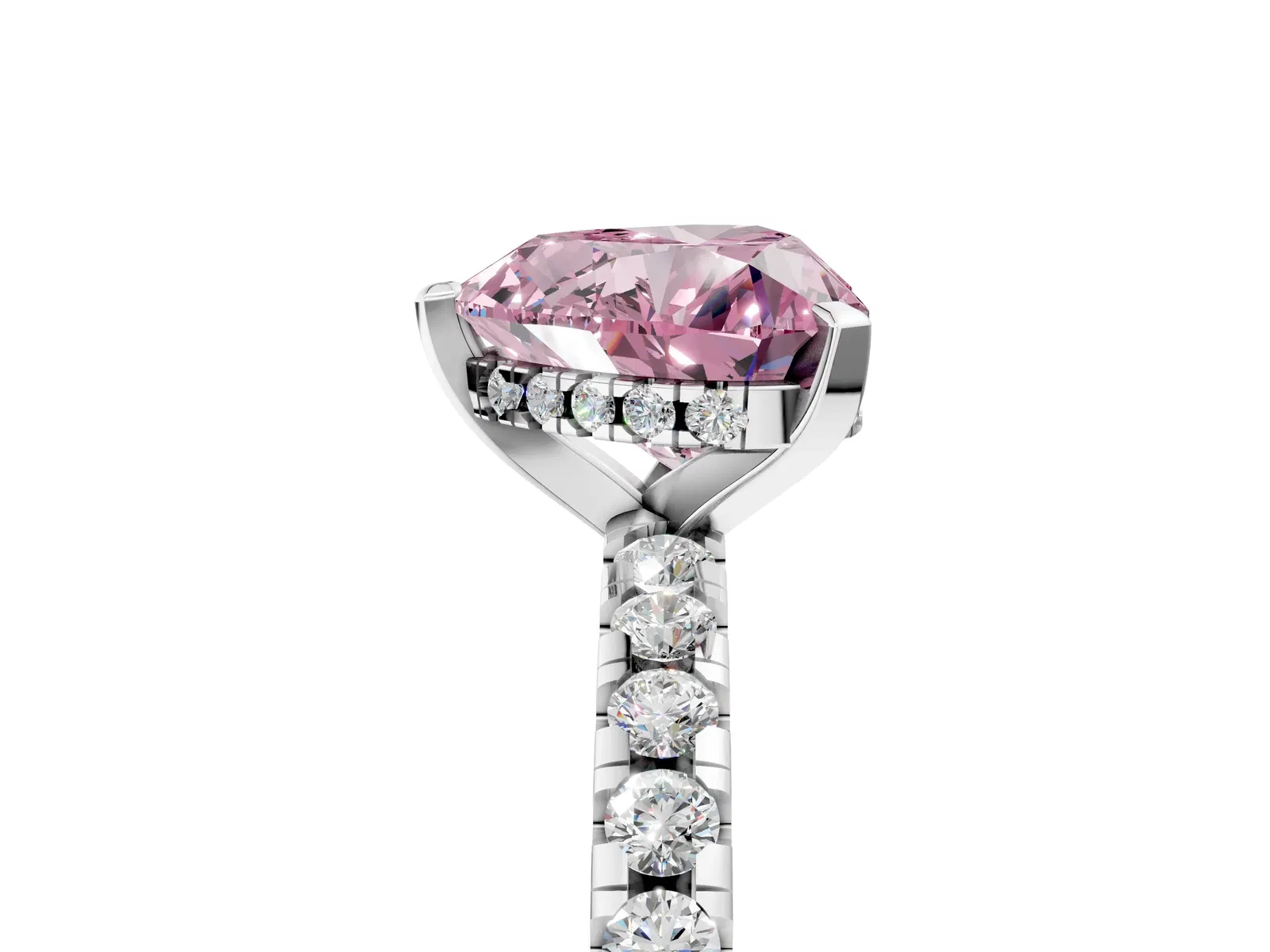 Fancy Pink Heart Cut Diamond Solitaire Ring with Round Pavé Band and Four-Prong Setting Platinum