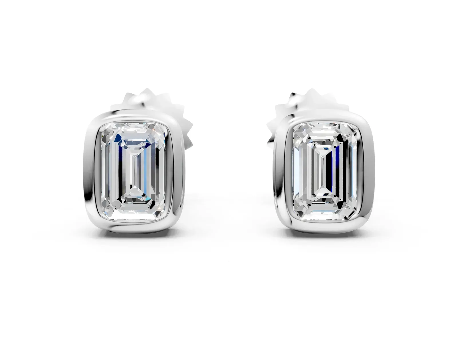 Emerald Diamond Bezel-Set Stud Earrings Silver