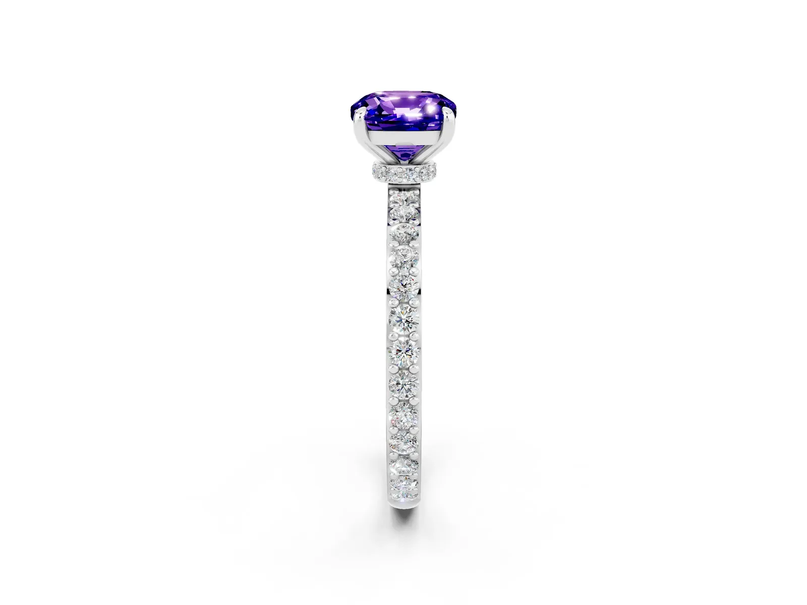 Cushion Cut Tanzanite Solitaire Engagement Ring with Pavé Band and Four-Prong Setting Platinum
