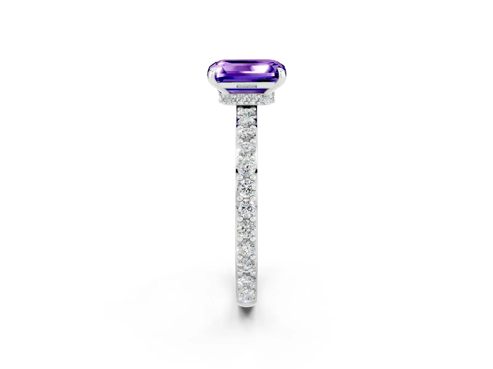 Emerald Cut Tanzanite Solitaire Engagement Ring with Pavé Band and Four-Prong Setting Platinum